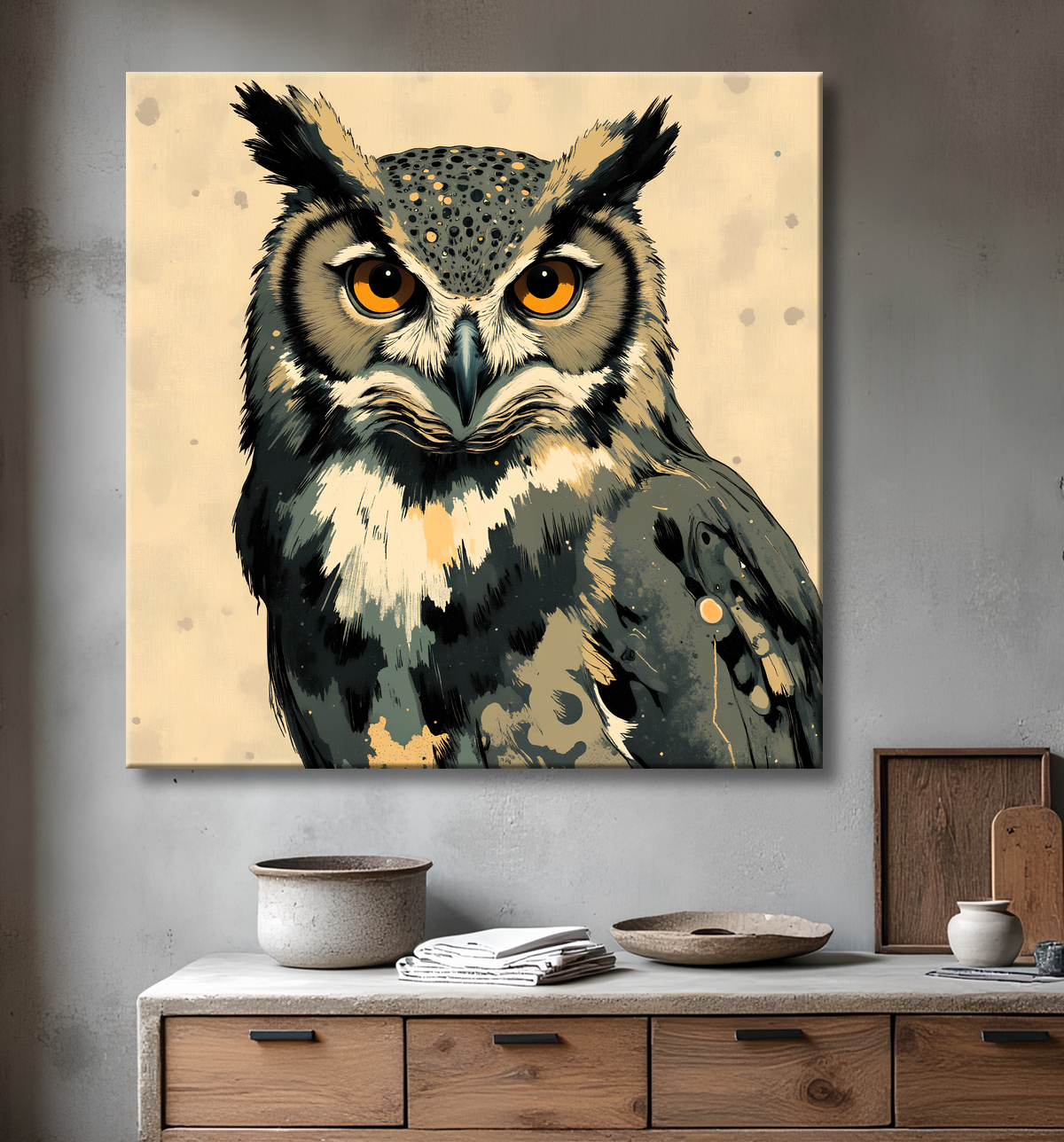 Tableau hibou moderne - Peinture animalière expressive et graphique avec decor