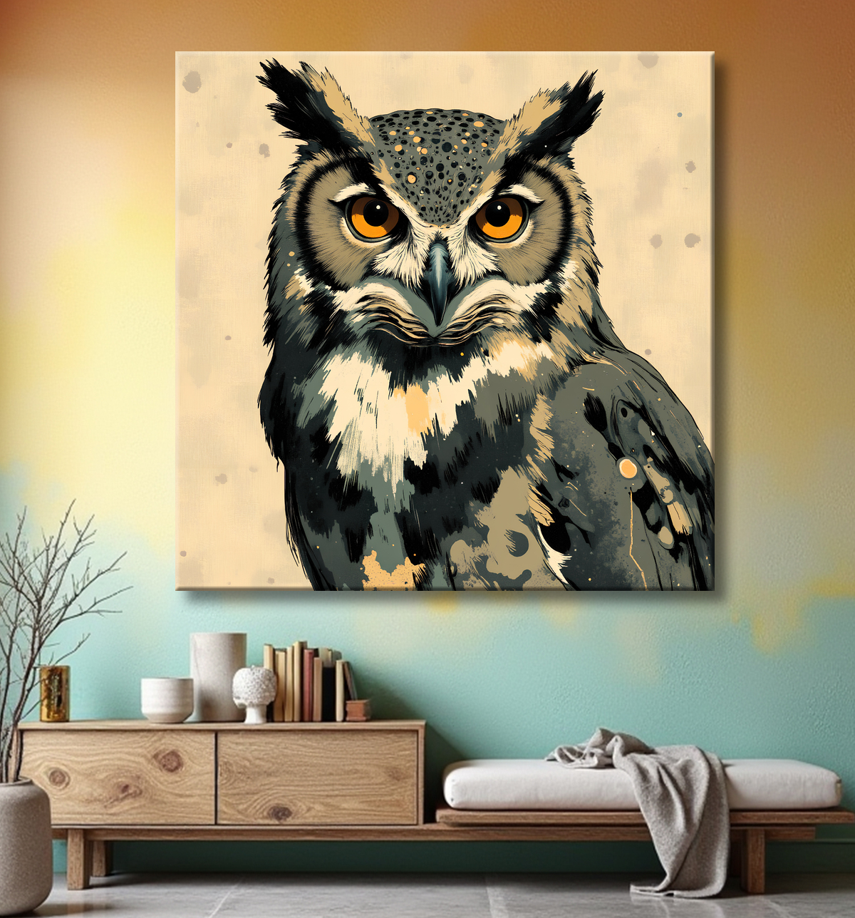 Tableau hibou moderne - Peinture animalière expressive et graphique avec decor