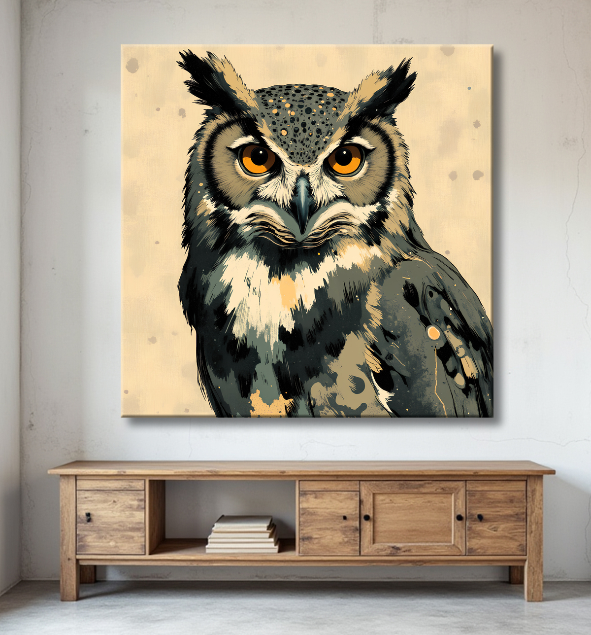 Tableau hibou moderne - Peinture animalière expressive et graphique avec decor