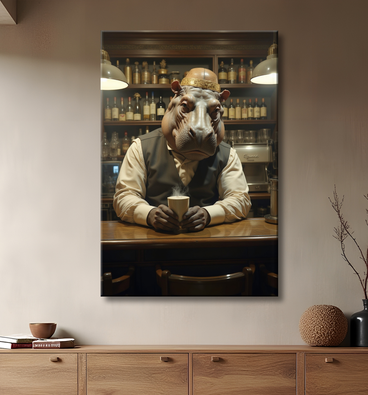 Hippopotame serveur de bar vintage  avec decor
