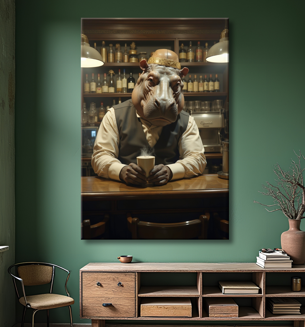 Hippopotame serveur de bar vintage  avec decor