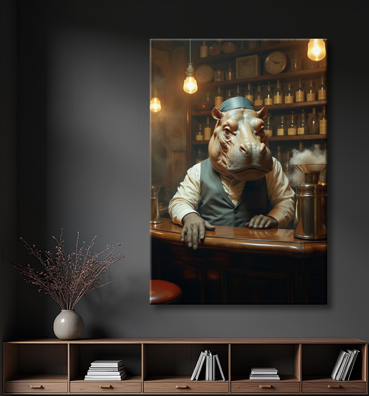 Hippopotame serveur de bar vintage  avec decor