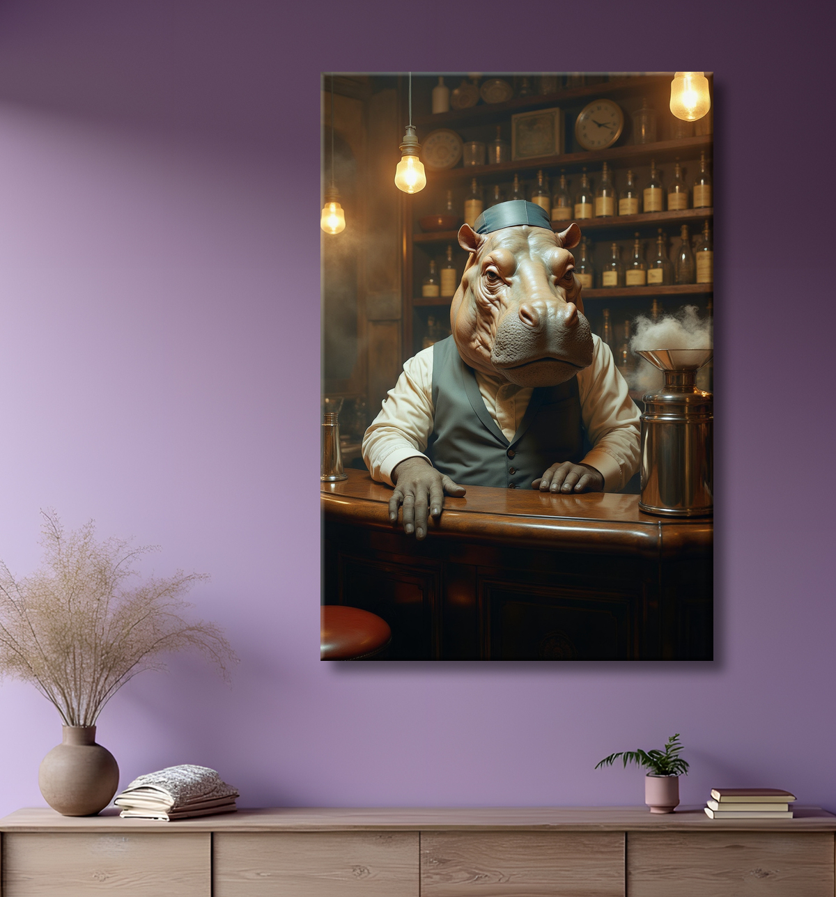 Hippopotame serveur de bar vintage  avec decor