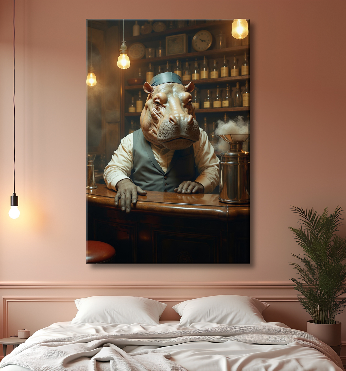 Hippopotame serveur de bar vintage  avec decor