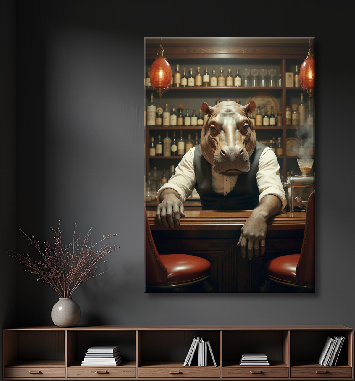 Hippopotame serveur de bar vintage  avec decor