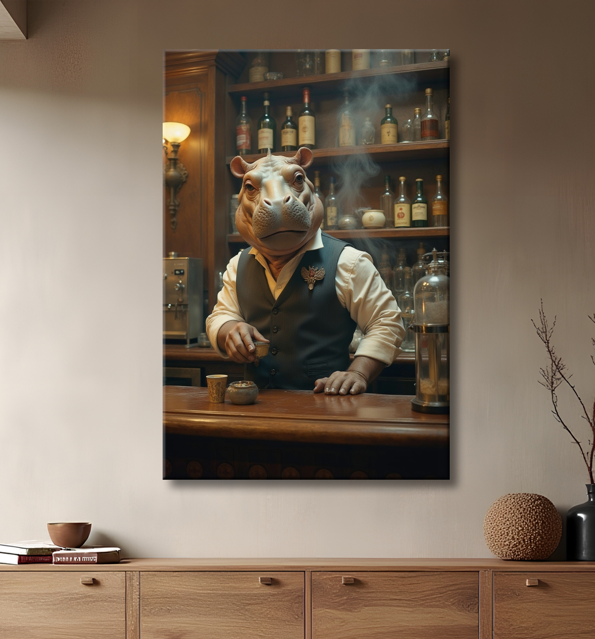 Hippopotame serveur de bar vintage  avec decor