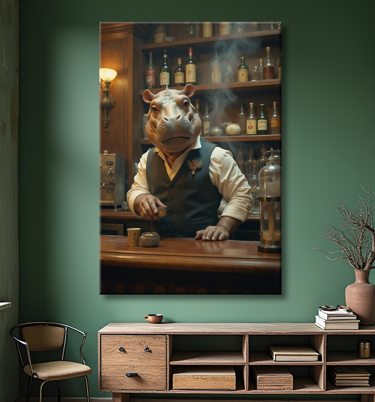 Hippopotame serveur de bar vintage  avec decor