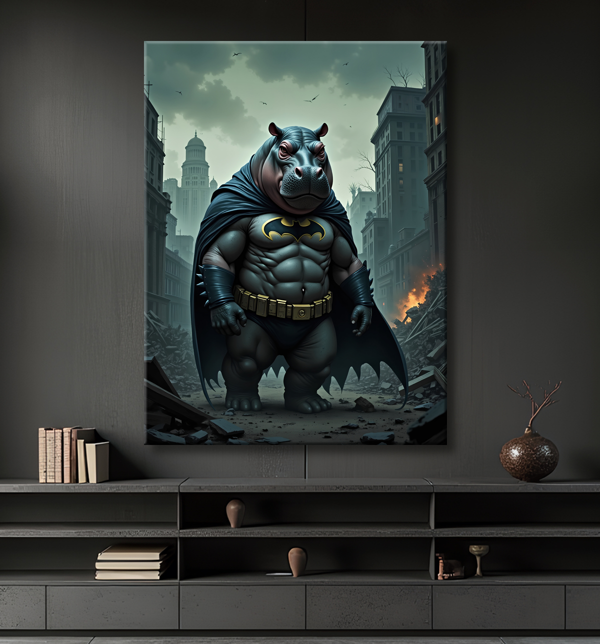 Tableau hippopotame super-héros | Décoration pop et dark avec decor