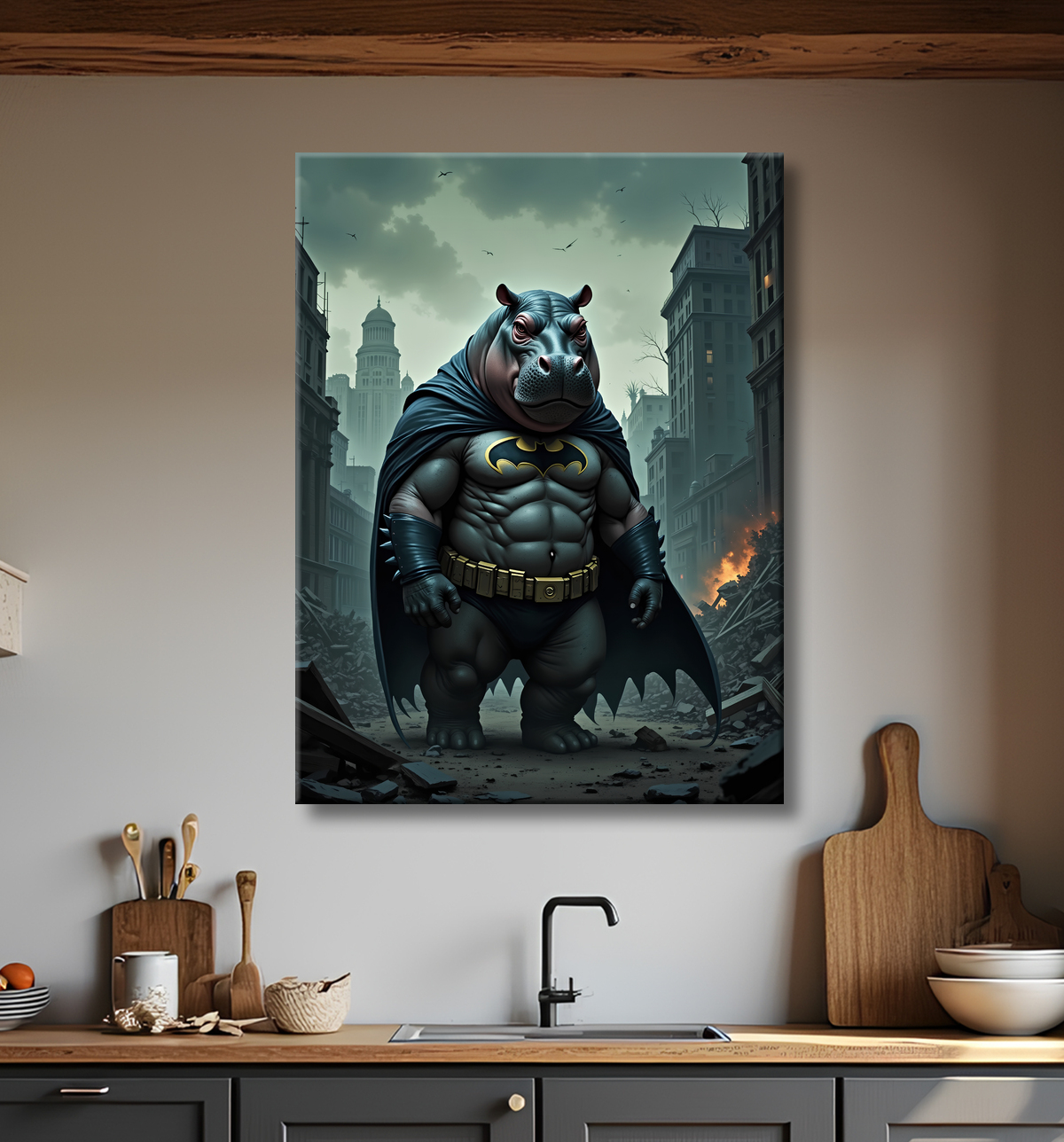 Tableau hippopotame super-héros | Décoration pop et dark avec decor
