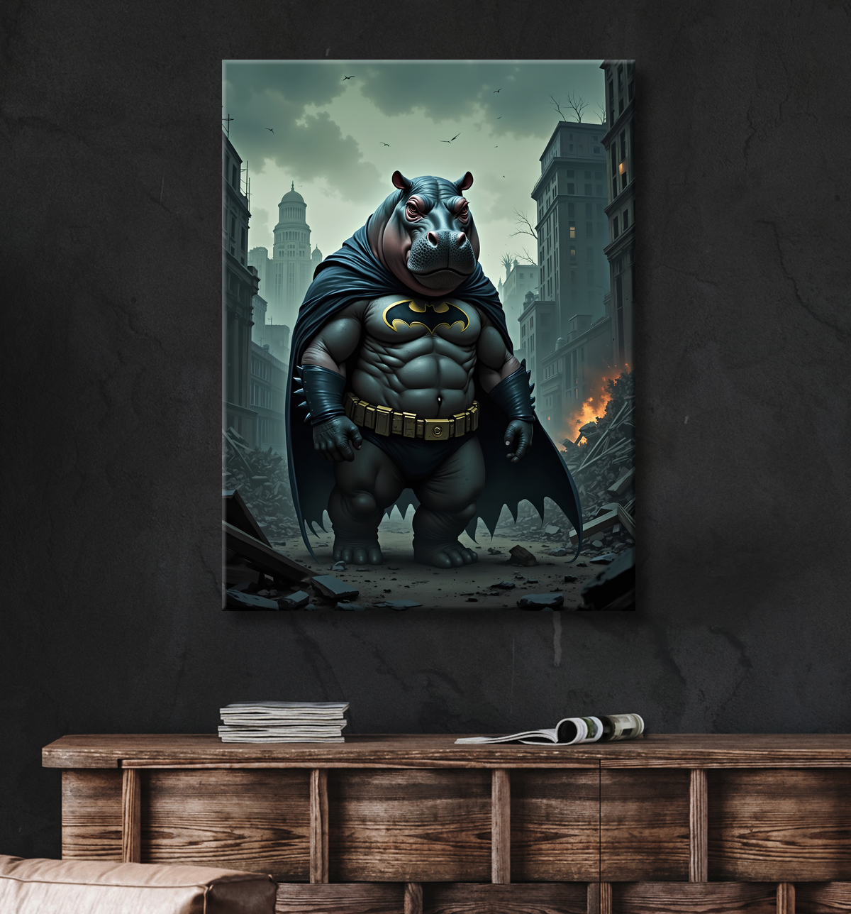 Tableau hippopotame super-héros | Décoration pop et dark avec decor