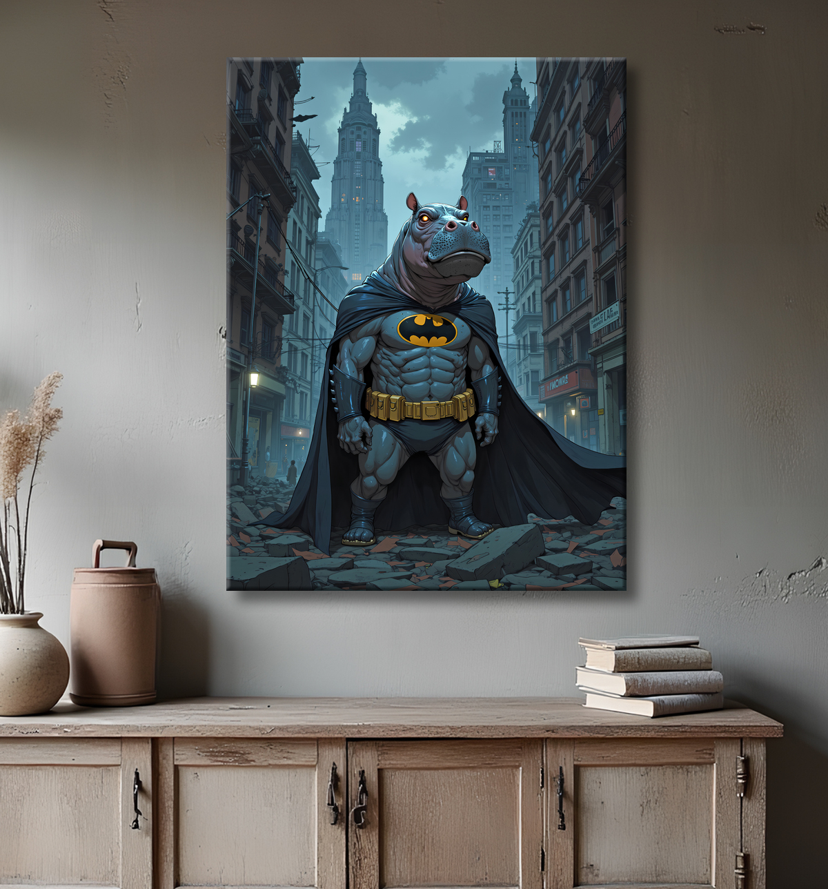 Tableau hippopotame super-héros | Décoration pop et dark avec decor
