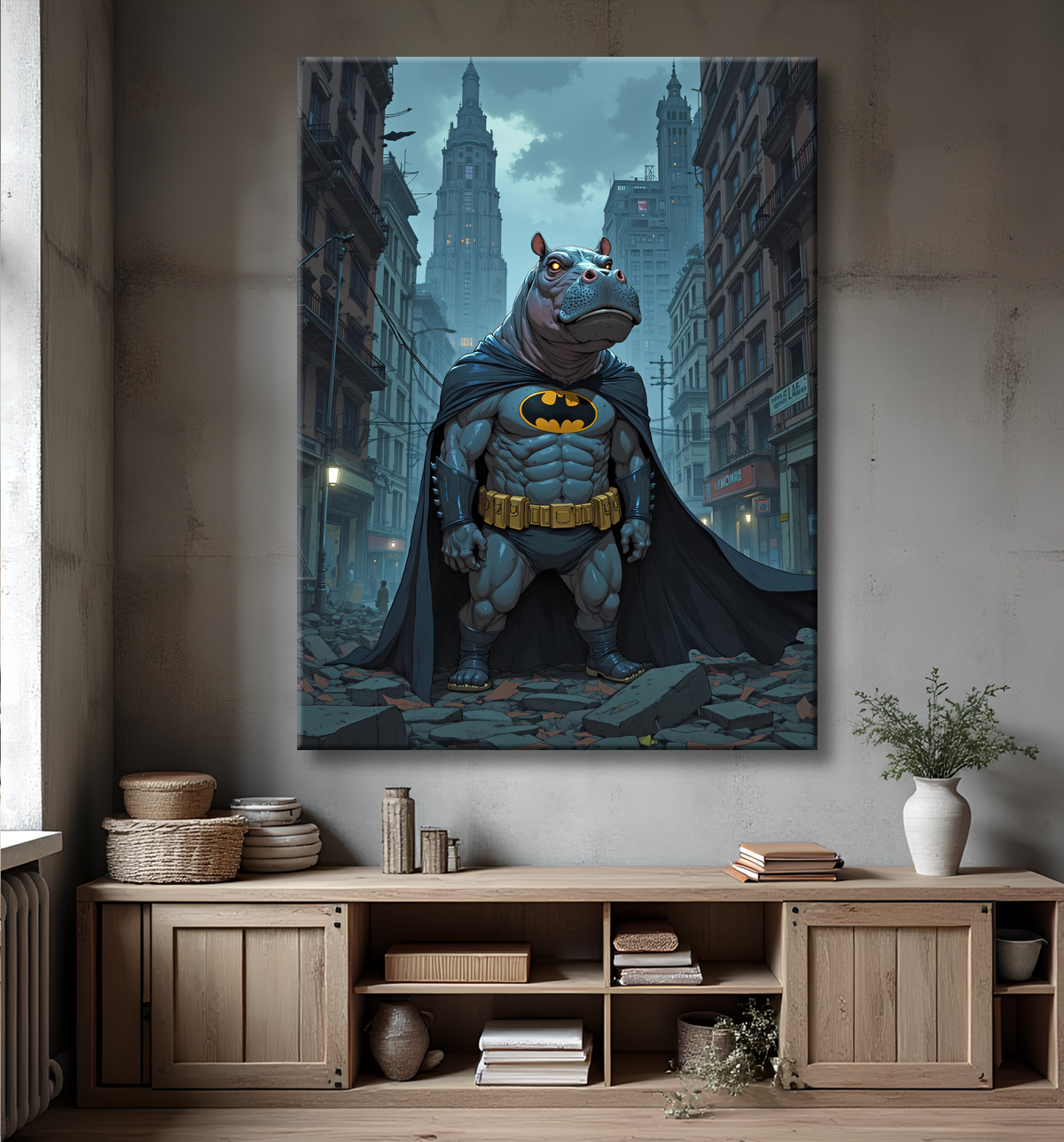 Tableau hippopotame super-héros | Décoration pop et dark avec decor