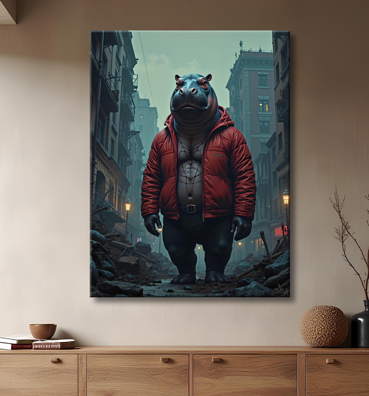 Tableau hippopotame super-héros | Décoration style hurbain et SF avec decor
