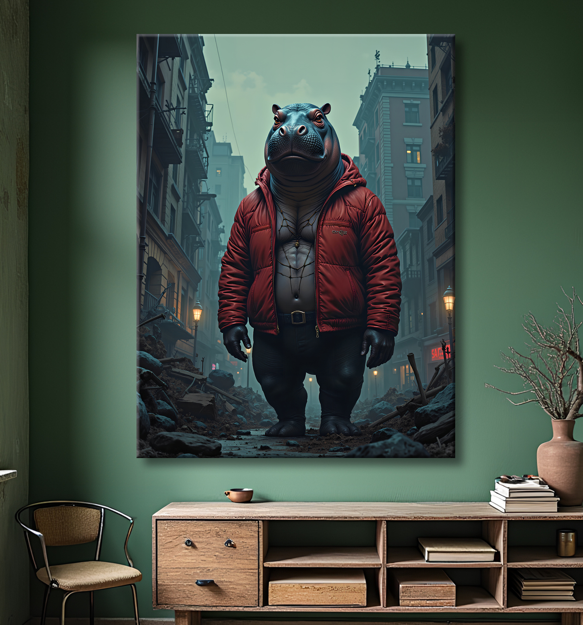Tableau hippopotame super-héros | Décoration style hurbain et SF avec decor