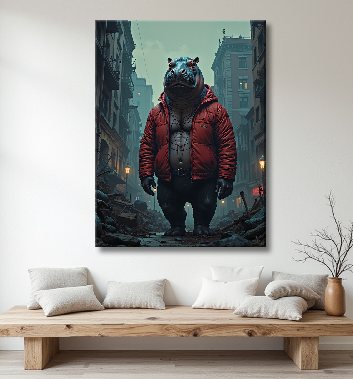 Tableau hippopotame super-héros | Décoration style hurbain et SF avec decor