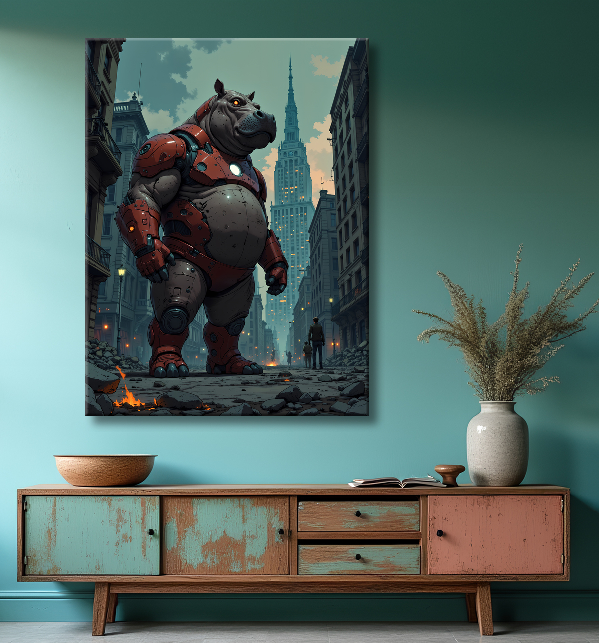 Tableau hippopotame super-héros | Décoration style hurbain et SF avec decor
