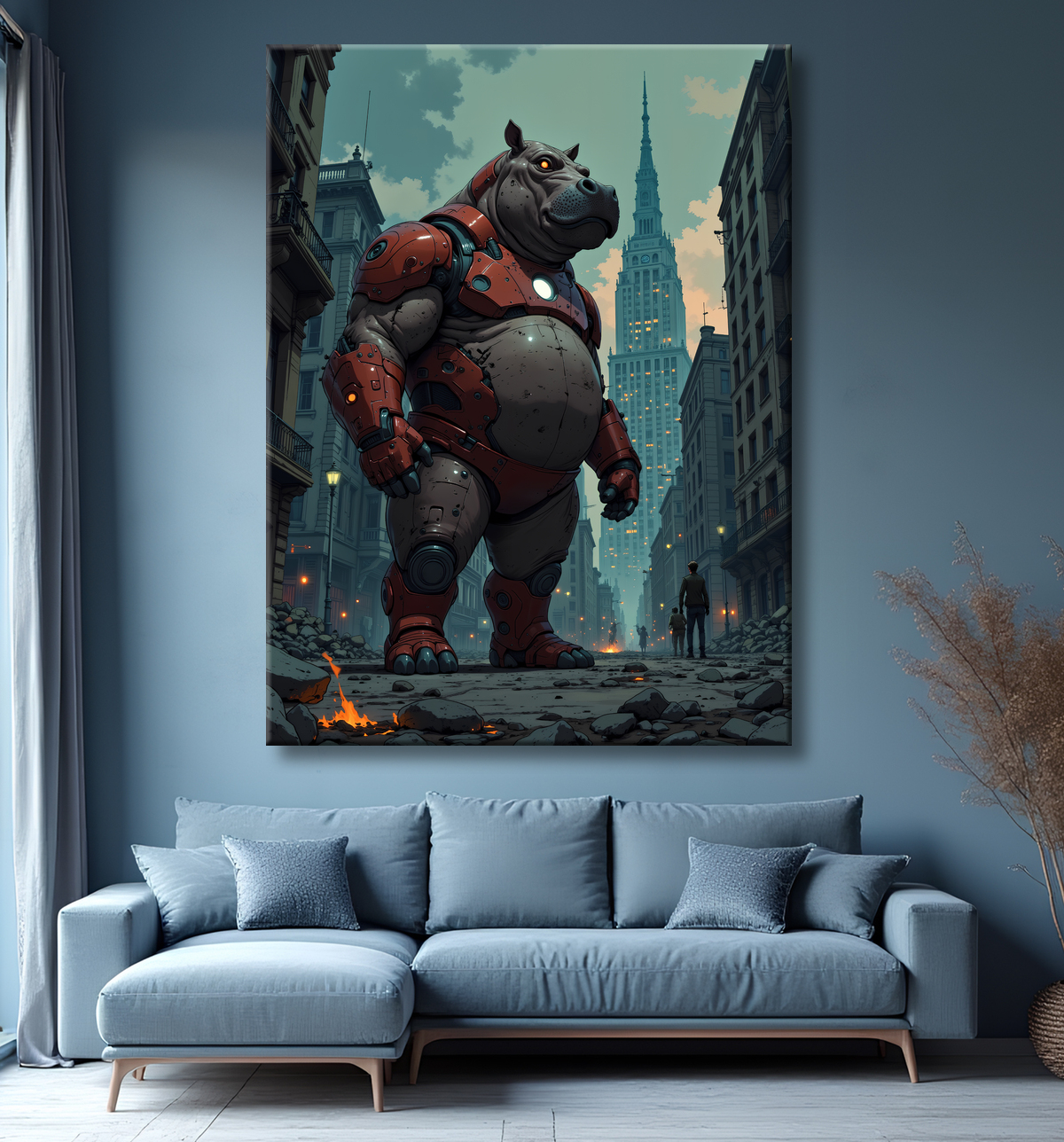 Tableau hippopotame super-héros | Décoration style hurbain et SF avec decor