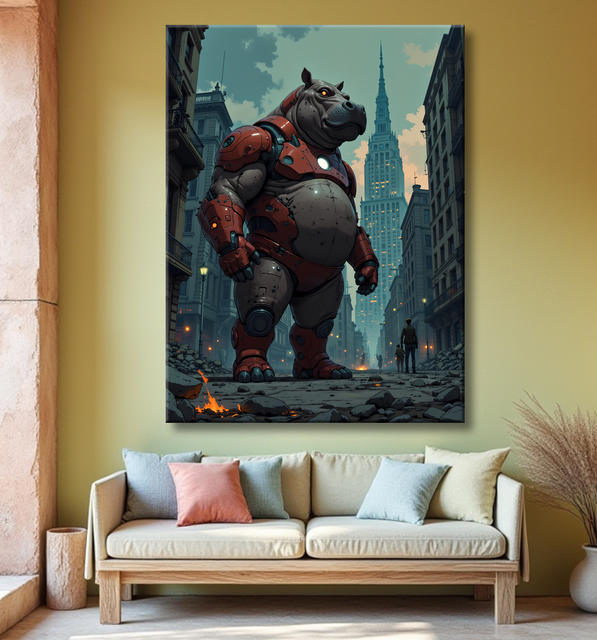 Tableau hippopotame super-héros | Décoration style hurbain et SF avec decor