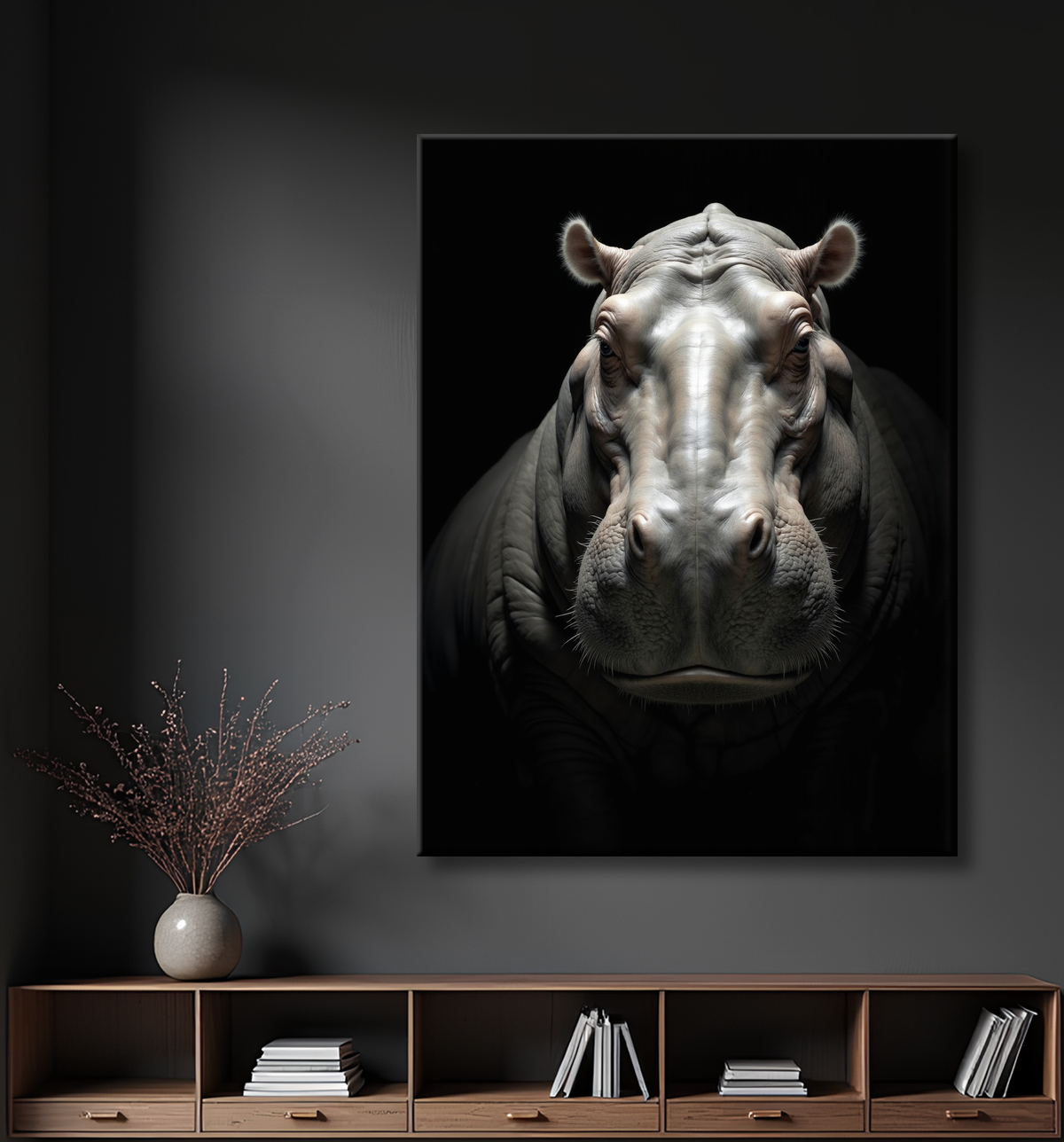 Tableau hippopotame - Portrait artistique sur fond noir avec decor