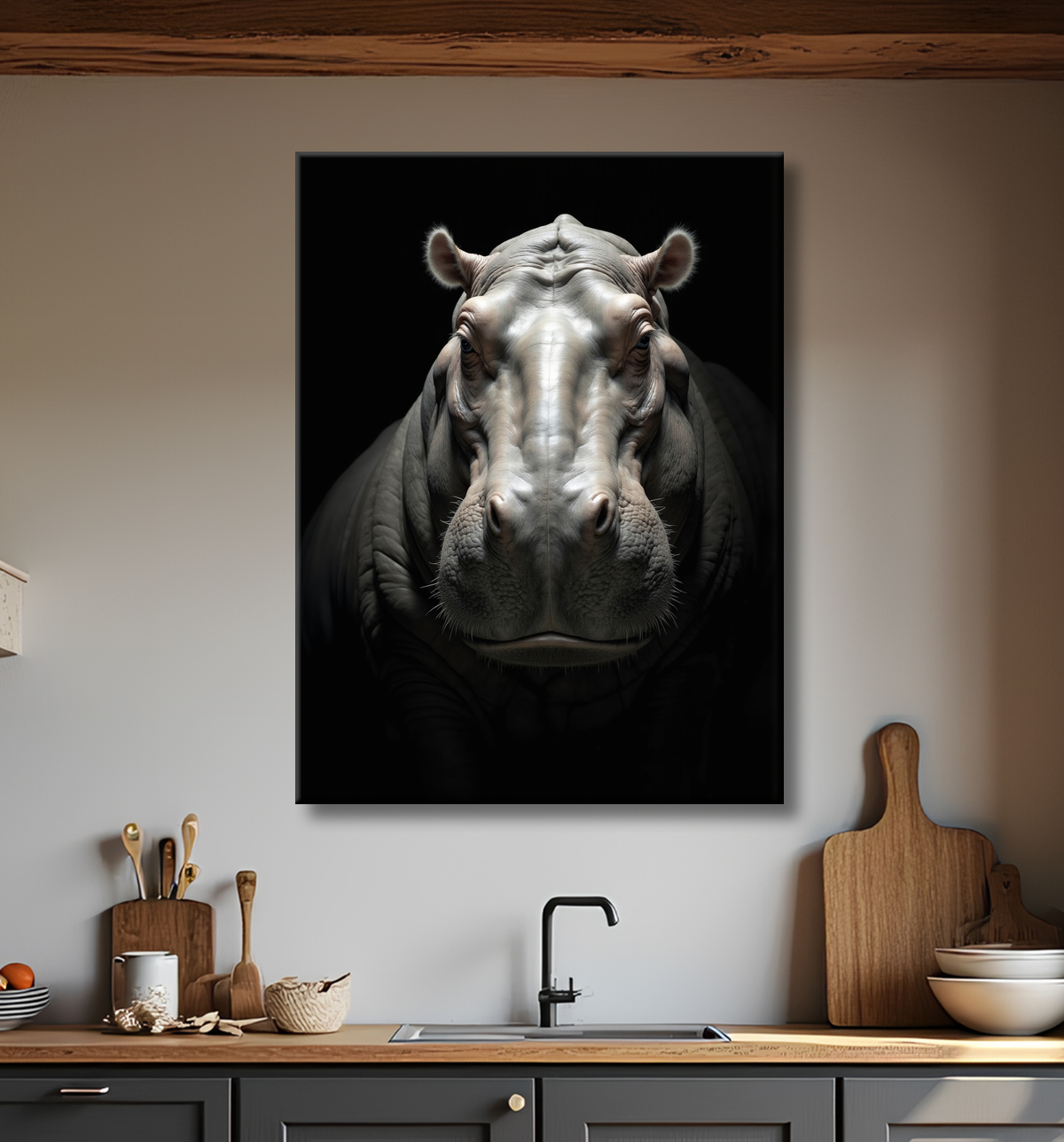 Tableau hippopotame - Portrait artistique sur fond noir avec decor