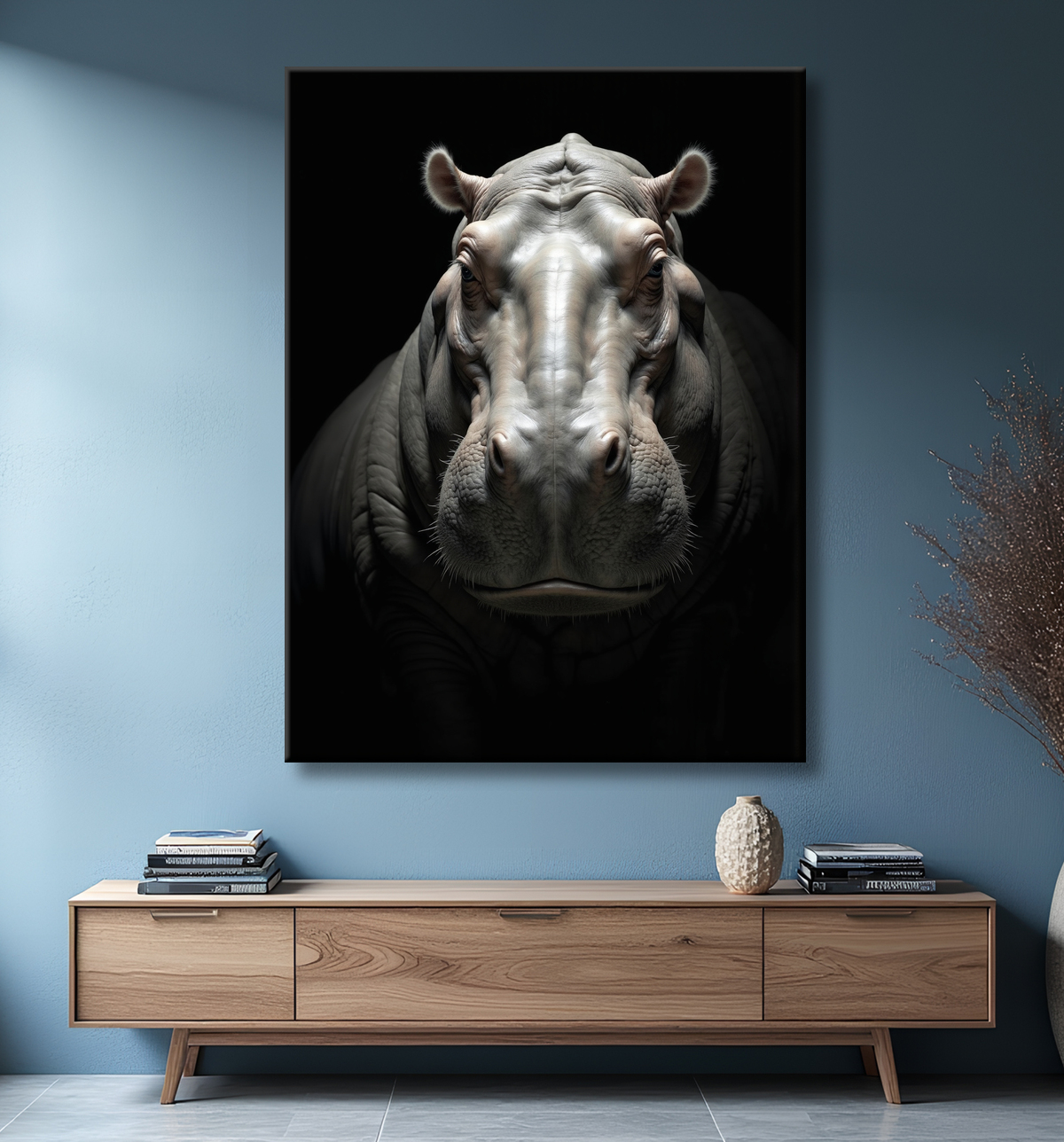 Tableau hippopotame - Portrait artistique sur fond noir avec decor