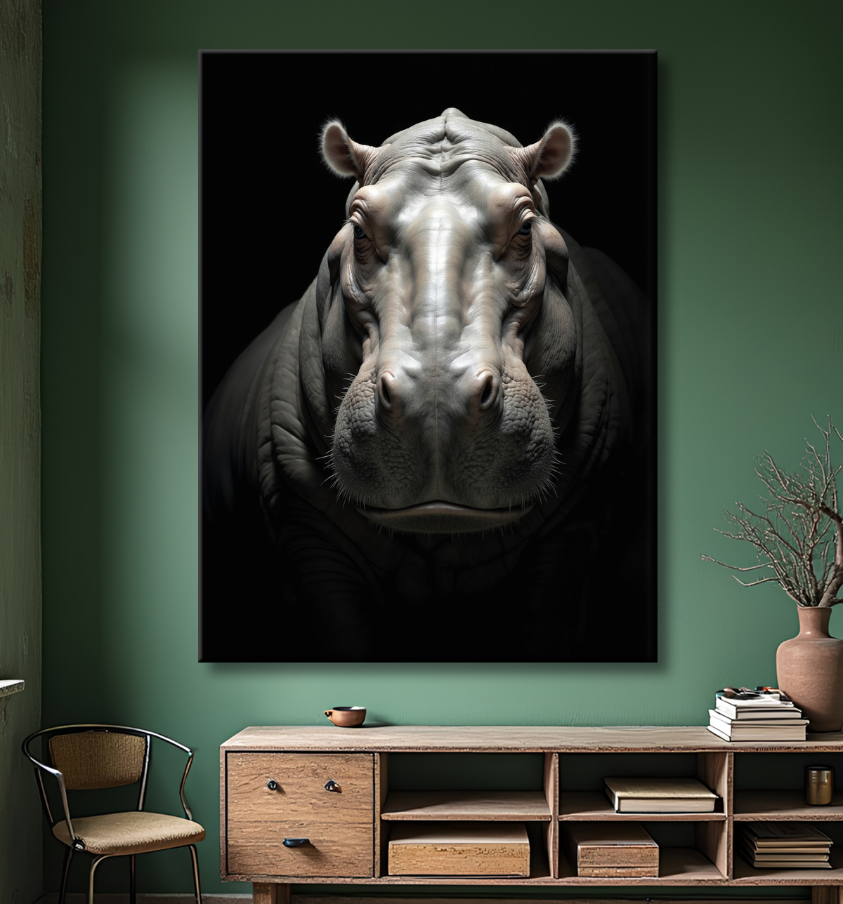 Tableau hippopotame - Portrait artistique sur fond noir avec decor