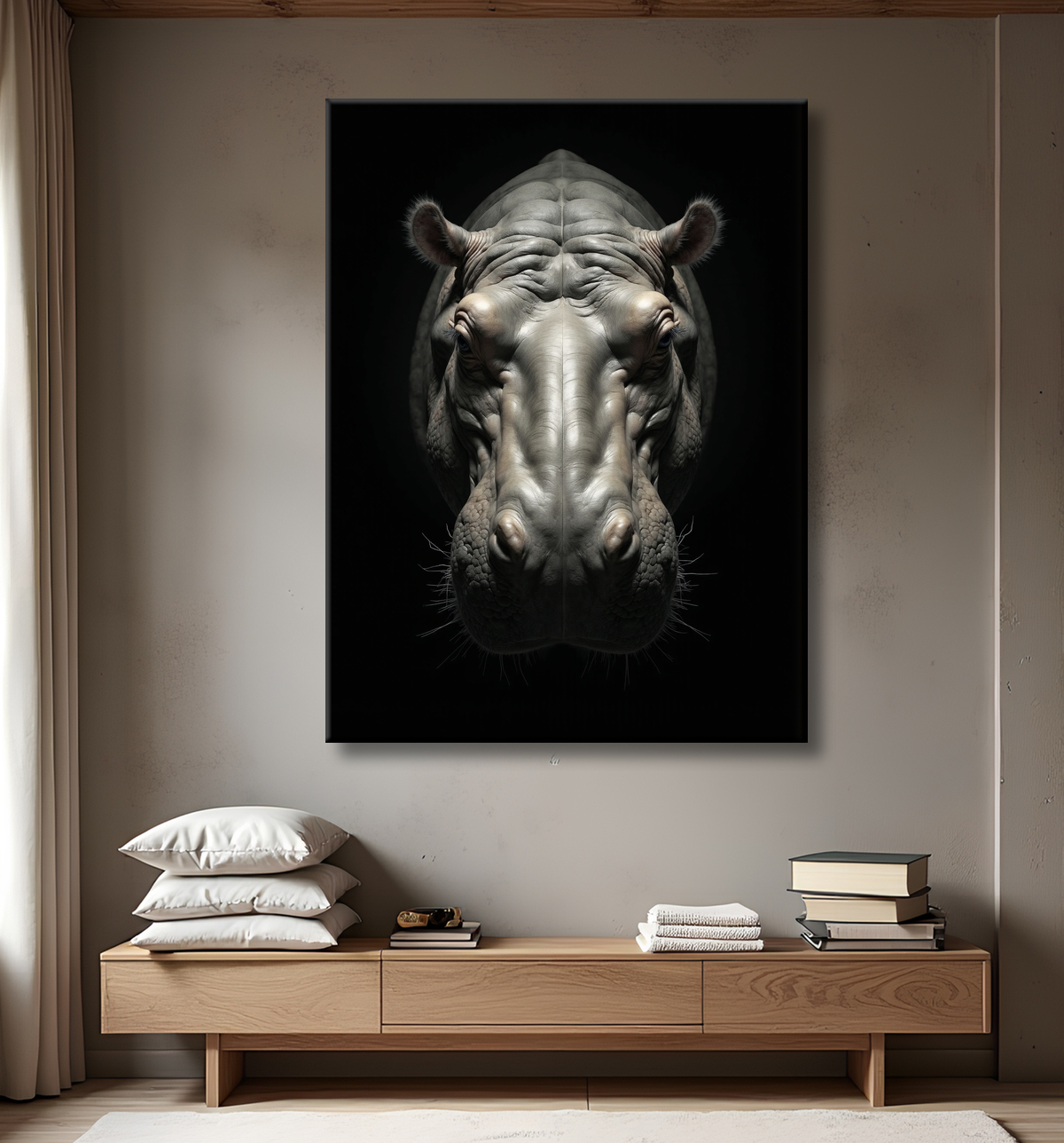 Tableau hippopotame - Portrait artistique sur fond noir avec decor