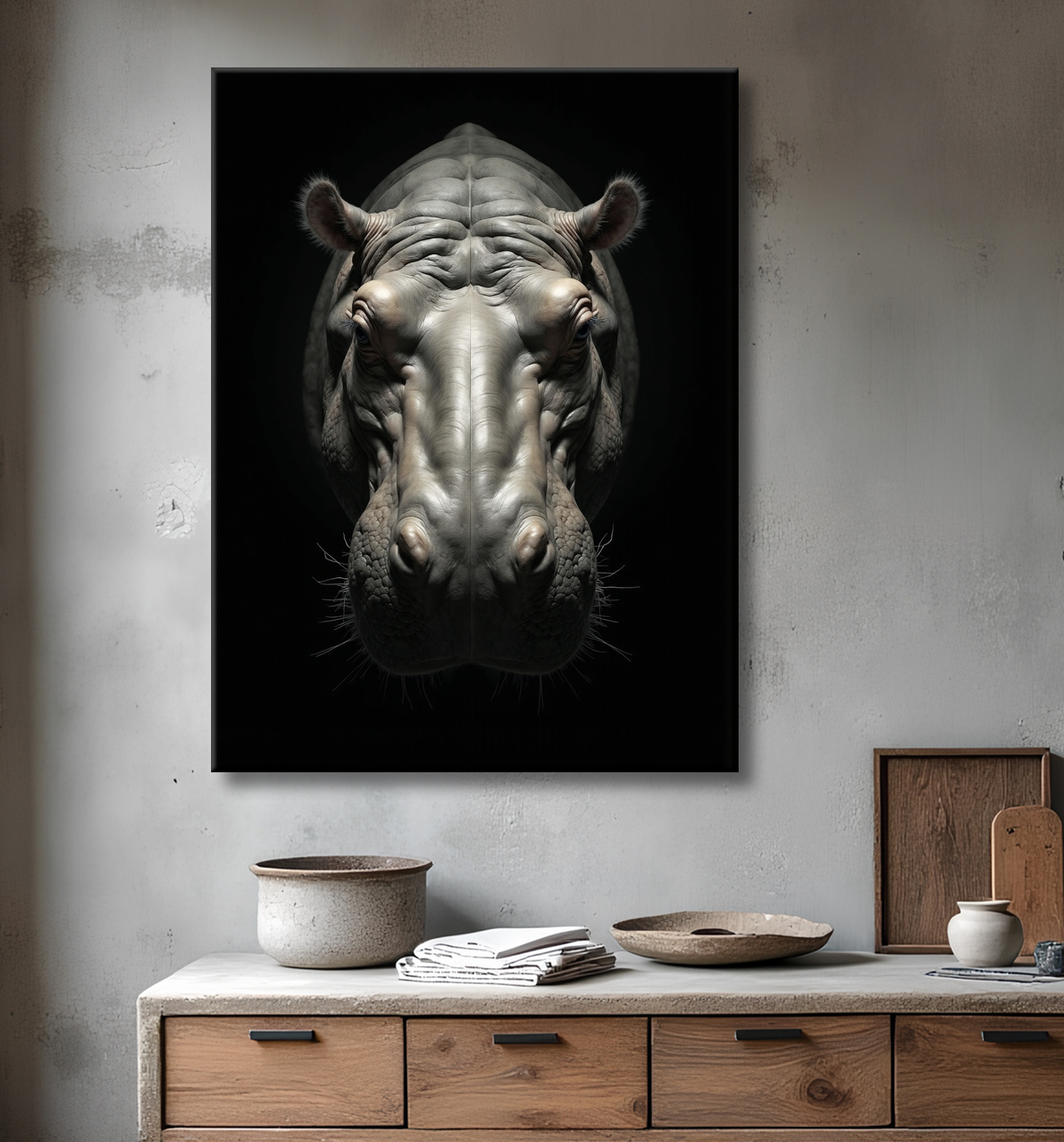 Tableau hippopotame - Portrait artistique sur fond noir avec decor