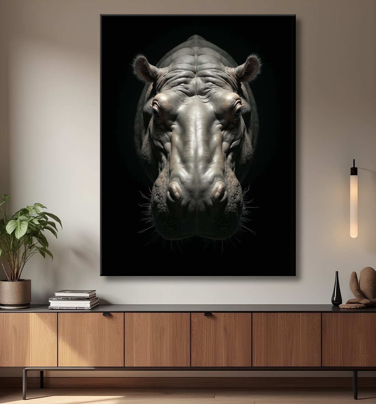 Tableau hippopotame - Portrait artistique sur fond noir avec decor