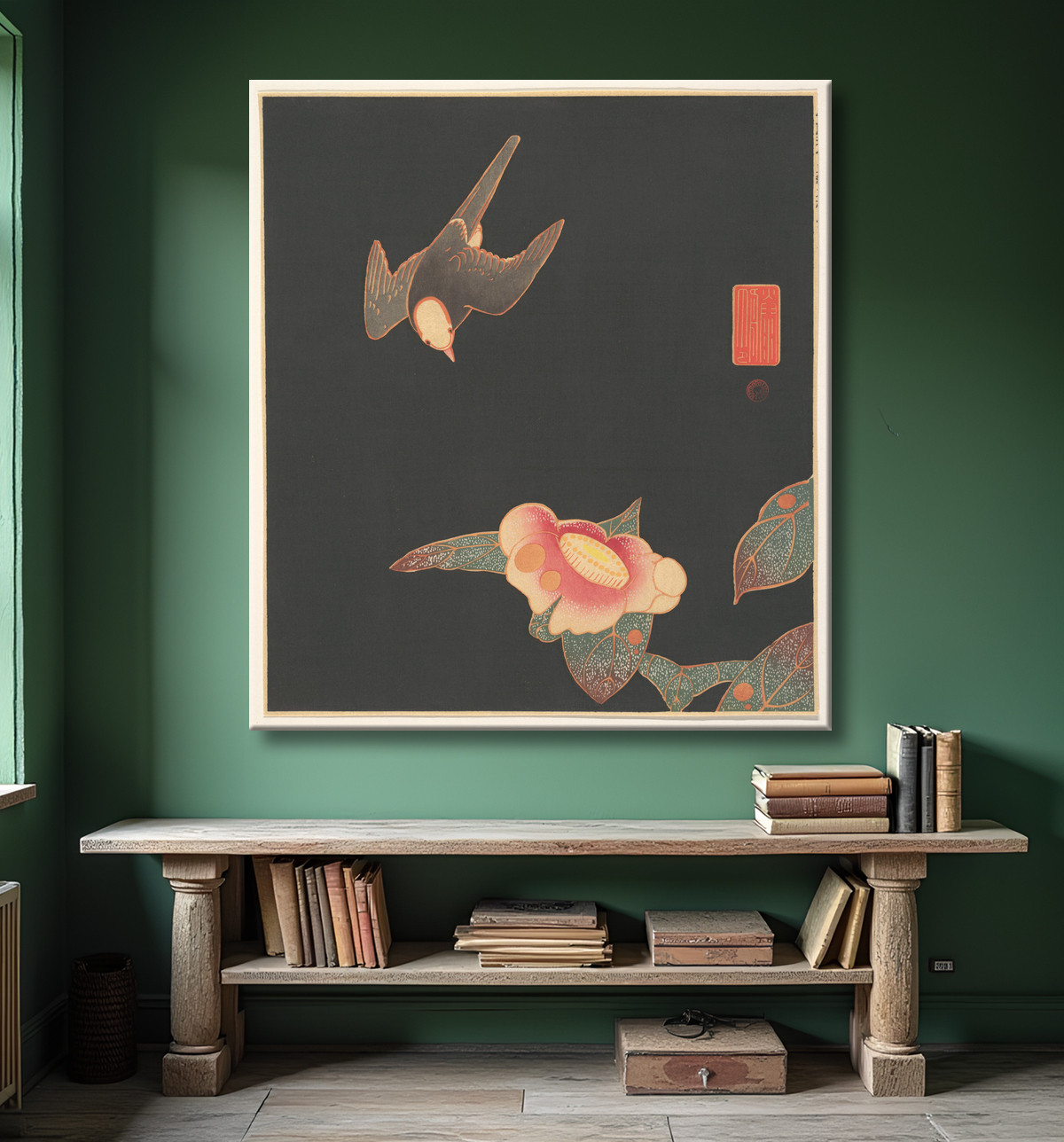 Reproduction Hirondelle et Camélia de Itō Jakuchū avec decor