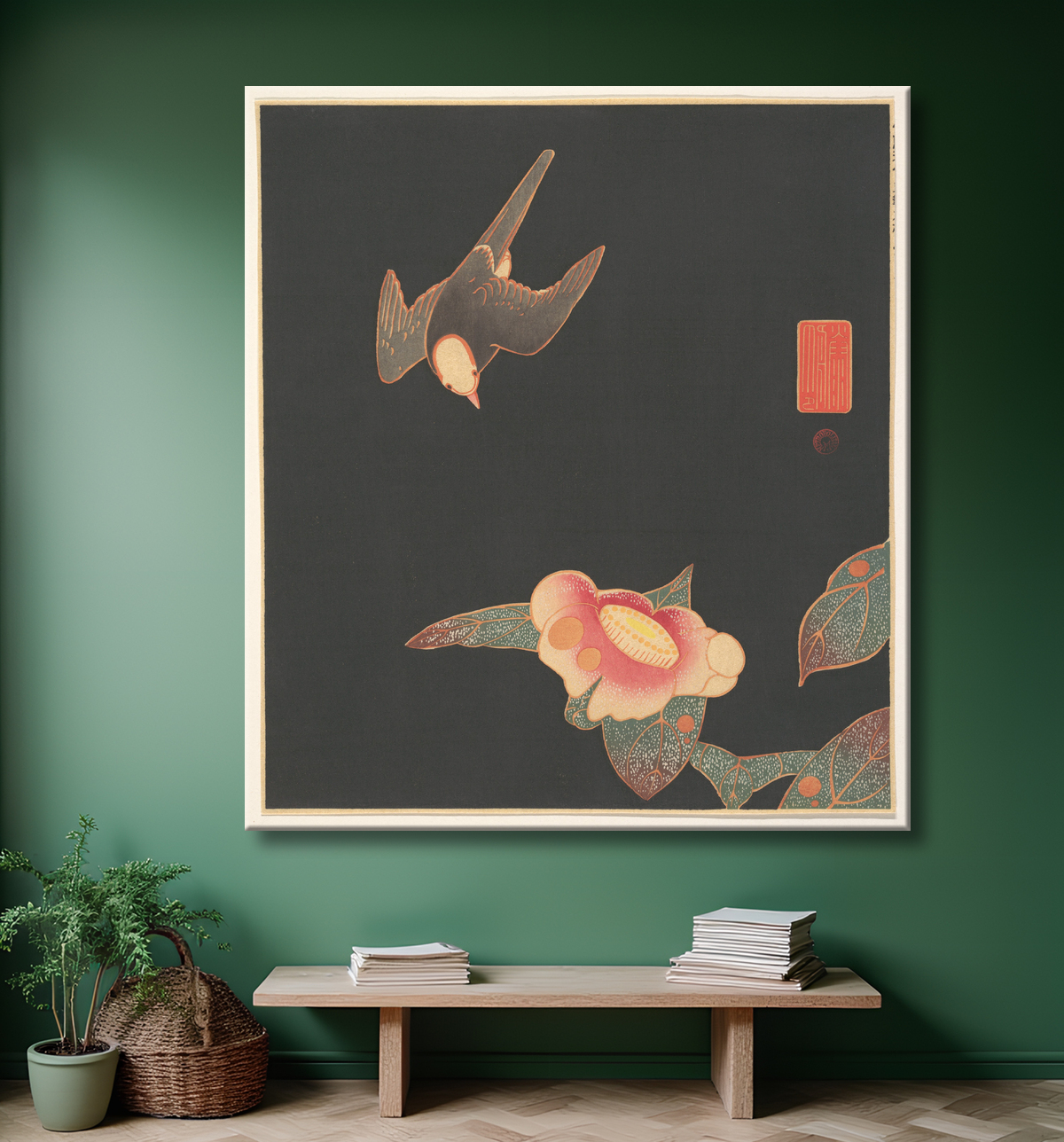 Reproduction Hirondelle et Camélia de Itō Jakuchū avec decor