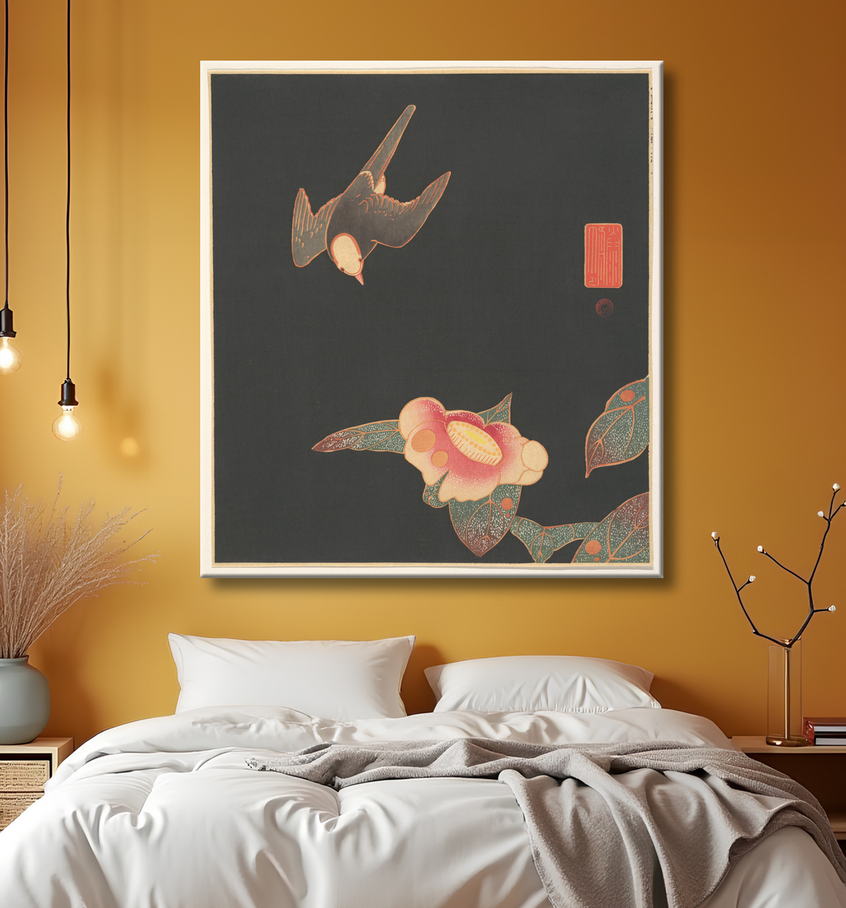 Reproduction Hirondelle et Camélia de Itō Jakuchū avec decor