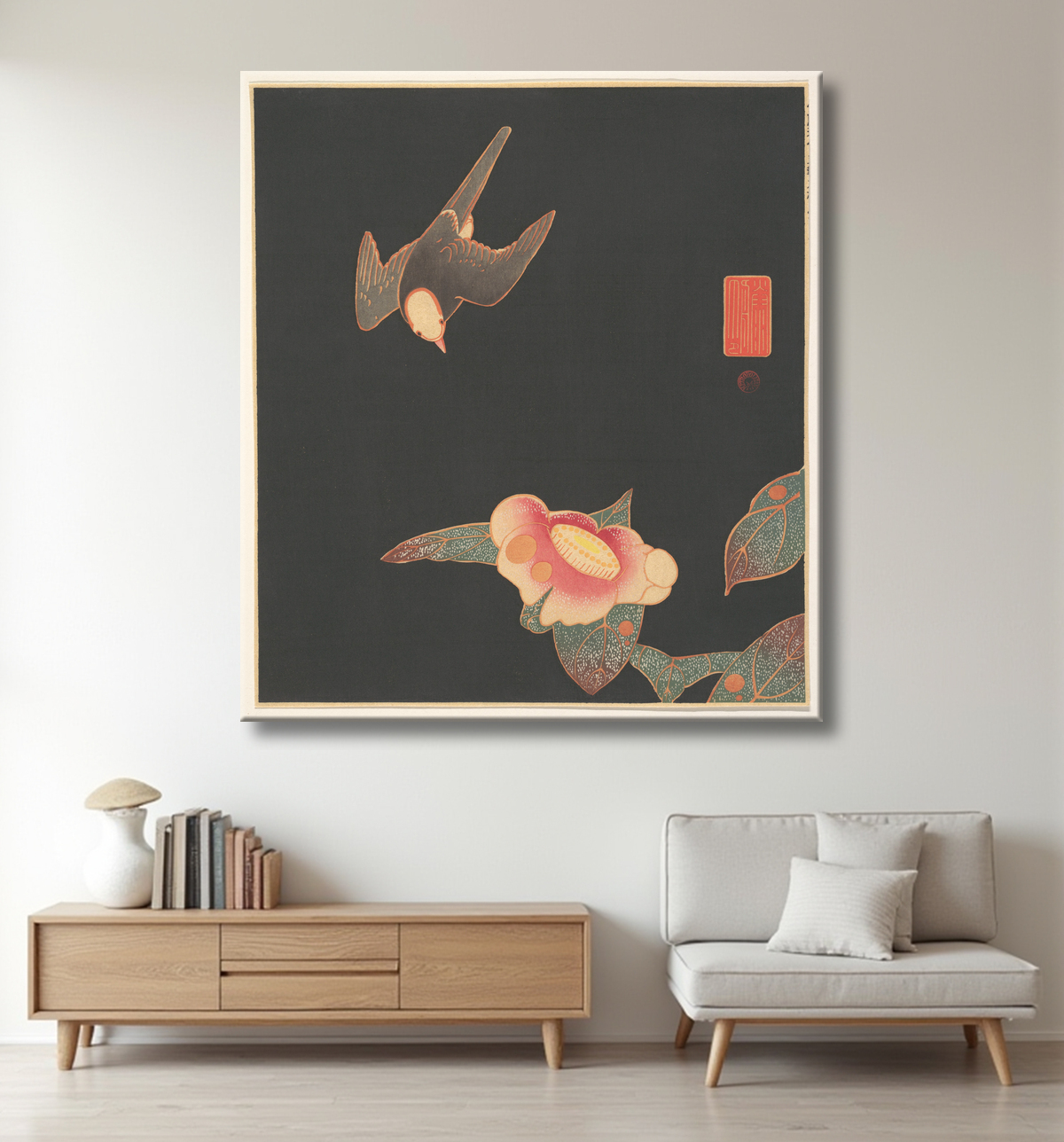 Reproduction Hirondelle et Camélia de Itō Jakuchū avec decor