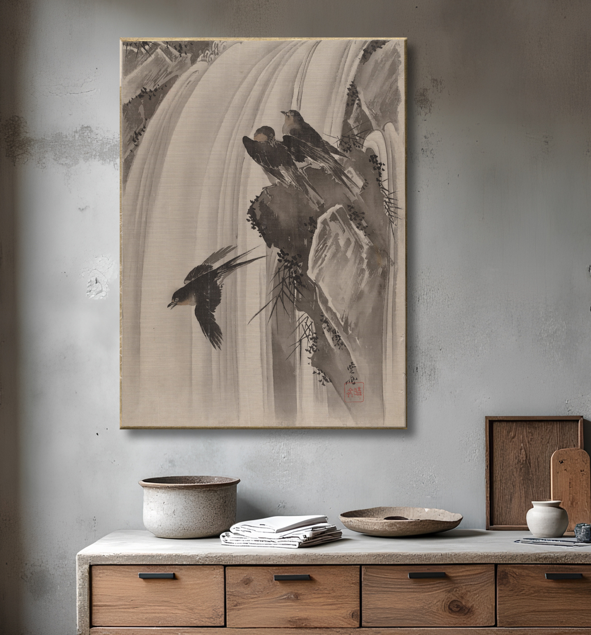 Reproduction Hirondelles par une cascade de Kawanabe Kyōsai 河鍋暁斎 avec decor