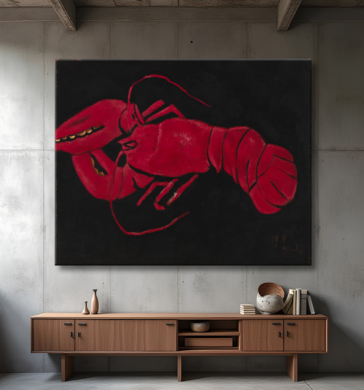 Reproduction (Homard sur fond noir) de Marsden Hartley, born Lewiston, ME 1877-died Ellsworth, ME 1943 avec decor