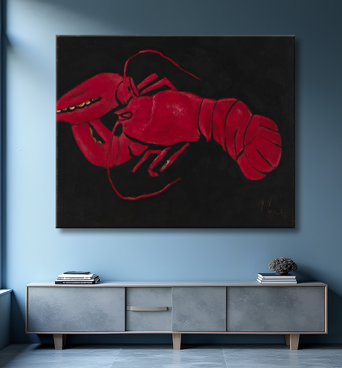 Reproduction (Homard sur fond noir) de Marsden Hartley, born Lewiston, ME 1877-died Ellsworth, ME 1943 avec decor