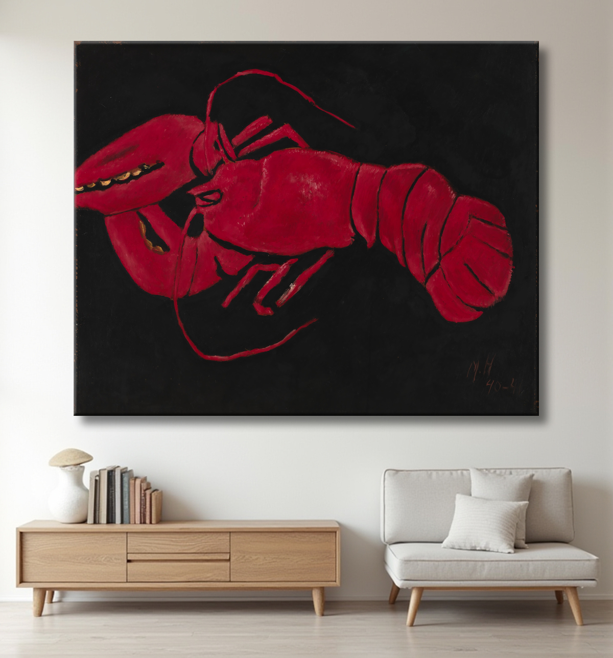 Reproduction (Homard sur fond noir) de Marsden Hartley, born Lewiston, ME 1877-died Ellsworth, ME 1943 avec decor