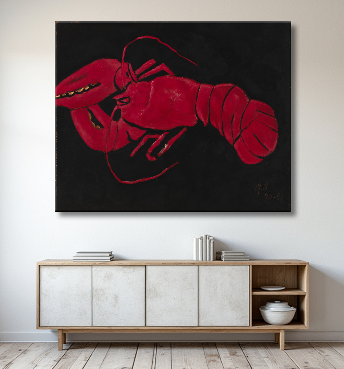Reproduction (Homard sur fond noir) de Marsden Hartley, born Lewiston, ME 1877-died Ellsworth, ME 1943 avec decor
