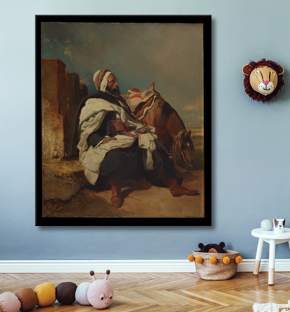 Reproduction Homme arabe assis à cheval de Alfred Dedreux avec decor