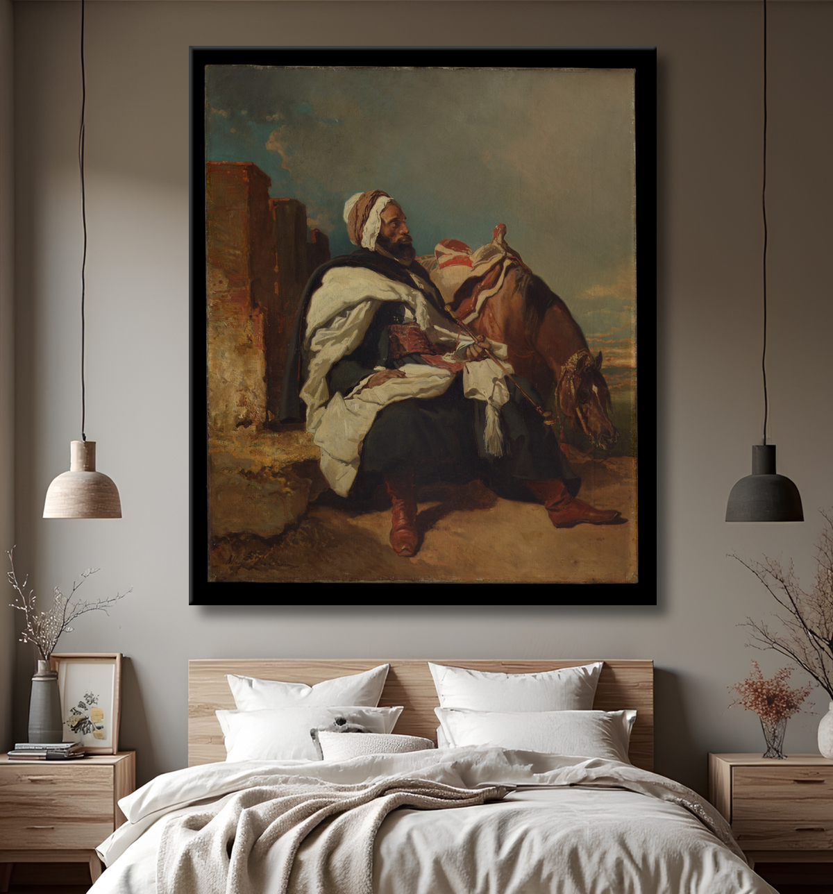 Reproduction Homme arabe assis à cheval de Alfred Dedreux avec decor