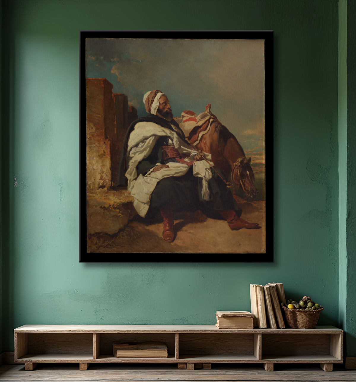 Reproduction Homme arabe assis à cheval de Alfred Dedreux avec decor