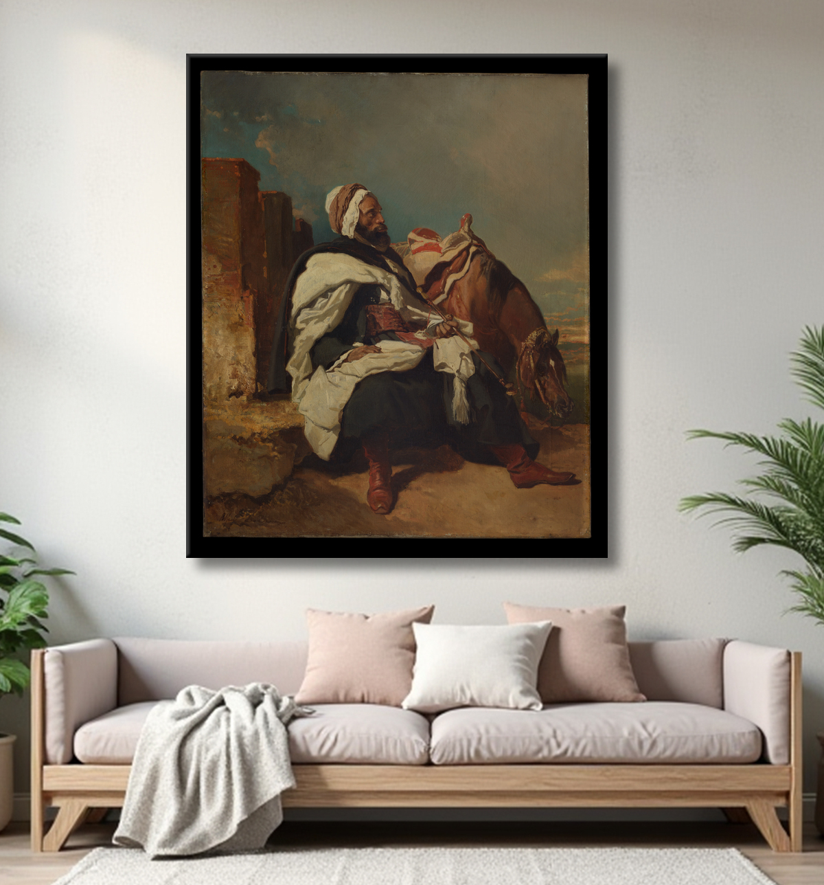 Reproduction Homme arabe assis à cheval de Alfred Dedreux avec decor