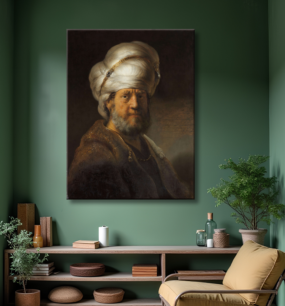 Reproduction Homme en vêtements orientaux de Rembrandt van Rijn avec decor