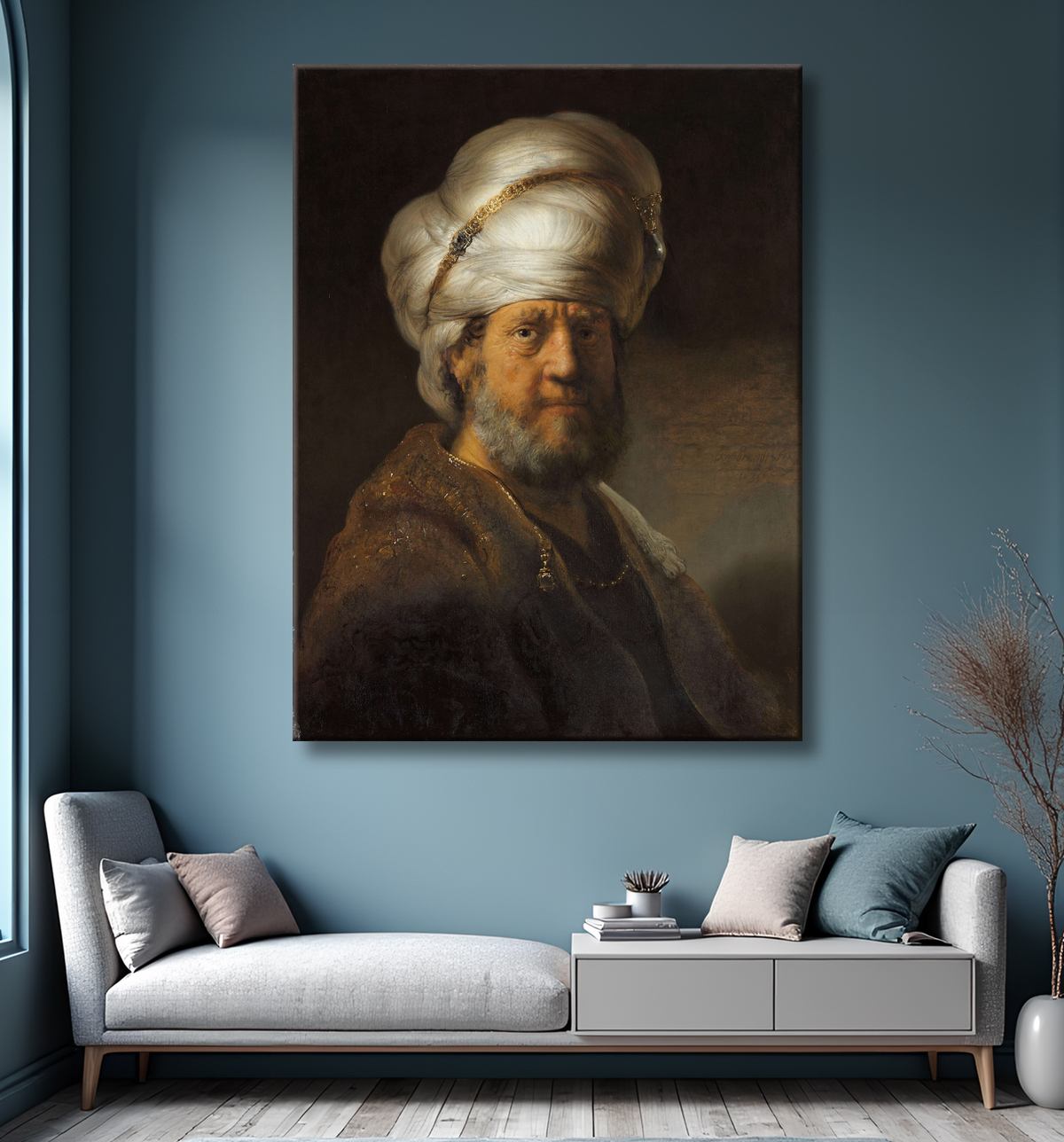 Reproduction Homme en vêtements orientaux de Rembrandt van Rijn avec decor