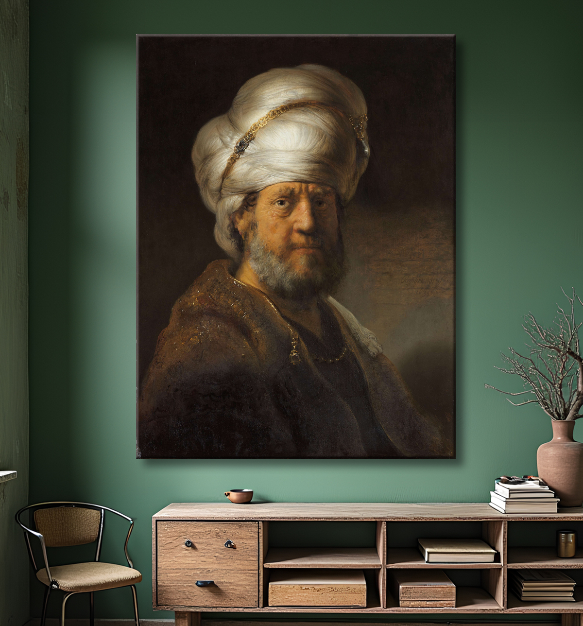 Reproduction Homme en vêtements orientaux de Rembrandt van Rijn avec decor