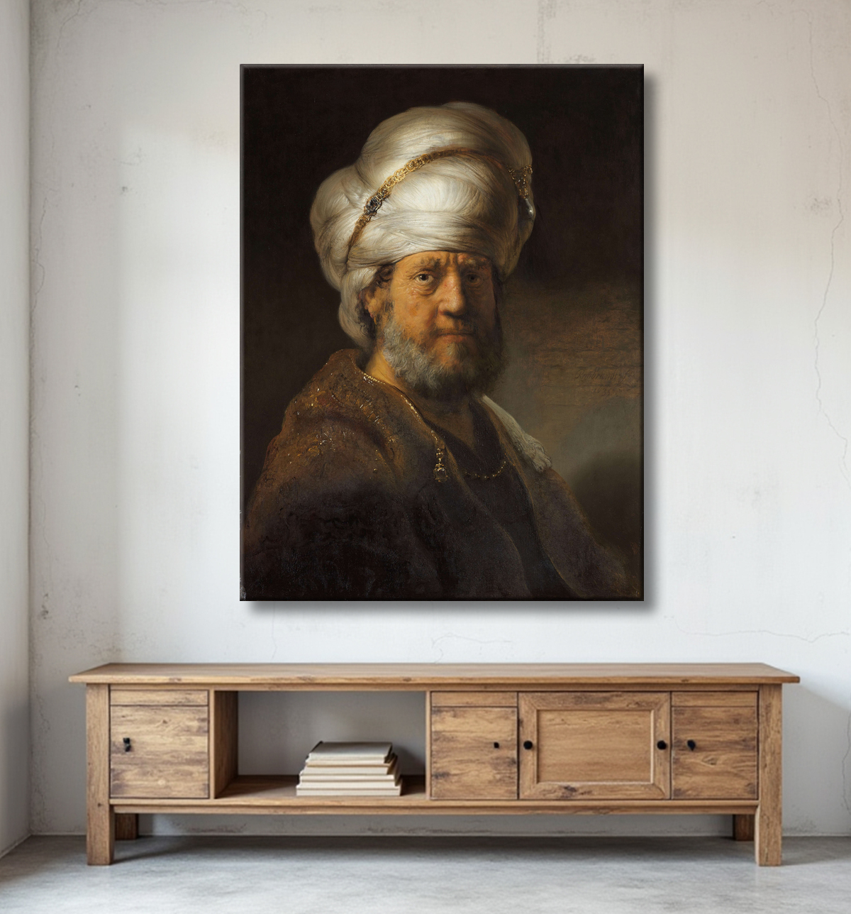 Reproduction Homme en vêtements orientaux de Rembrandt van Rijn avec decor