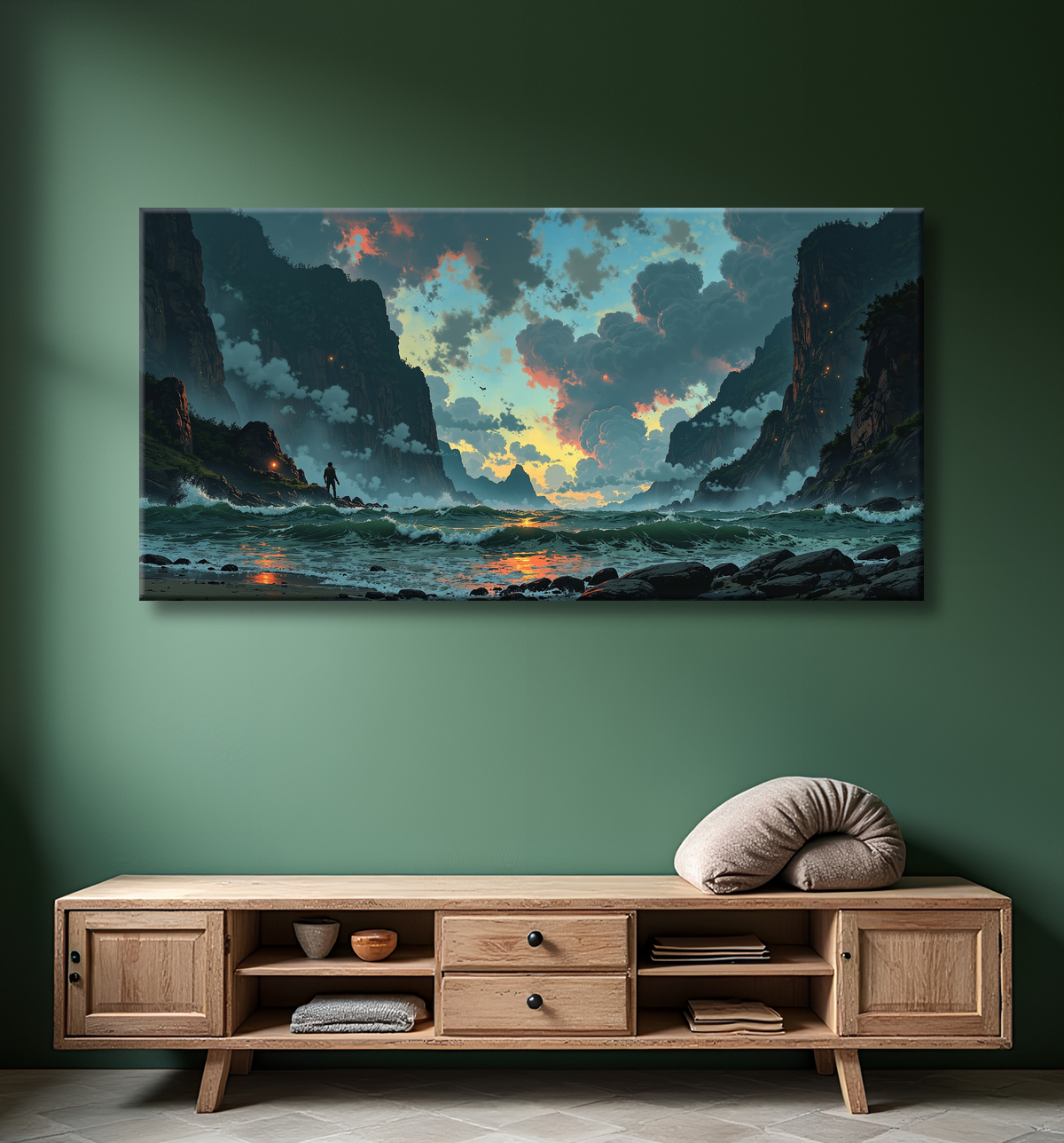 Tableau personnage face à la mer et aux montagnes avec decor