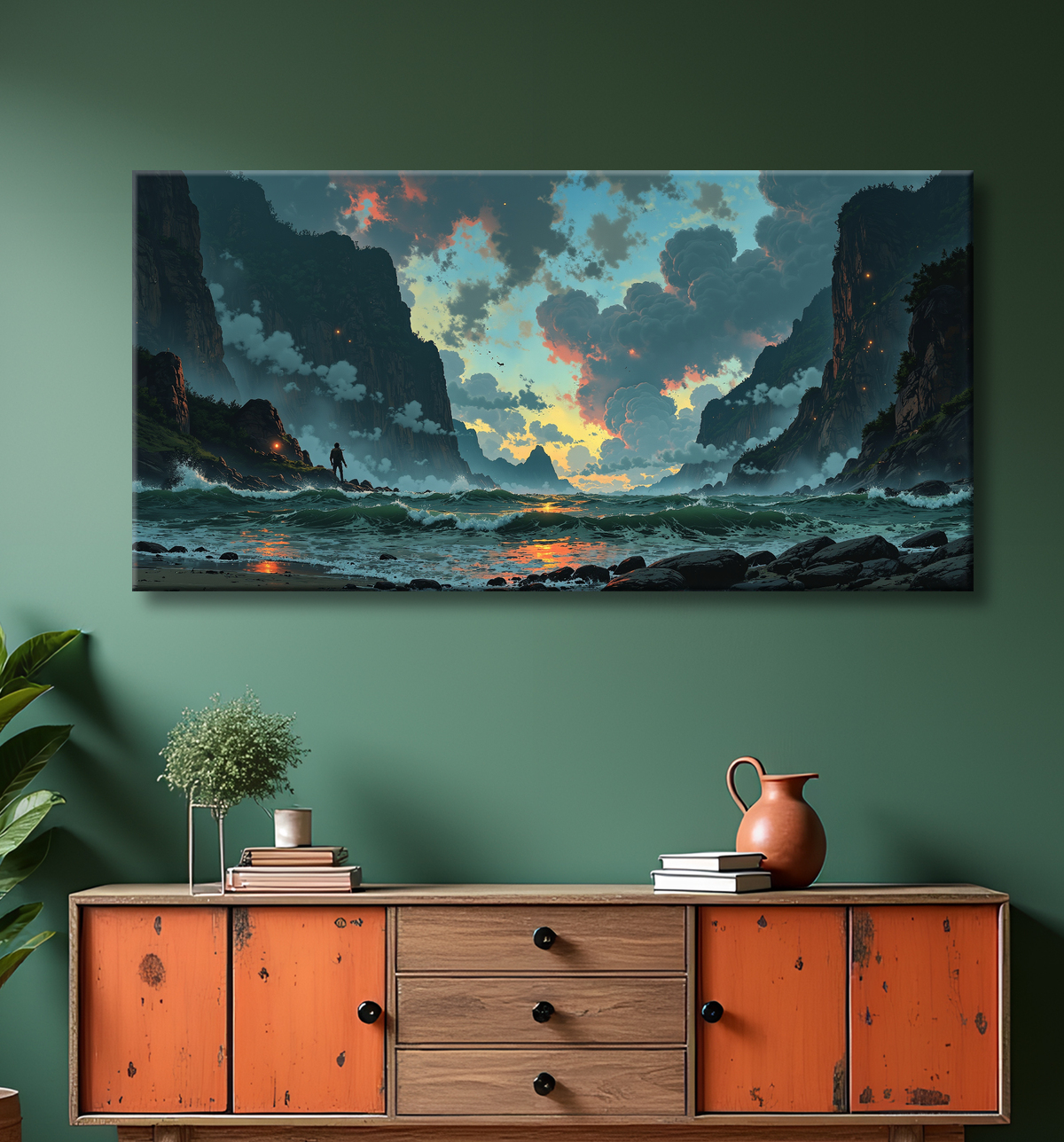 Tableau personnage face à la mer et aux montagnes avec decor