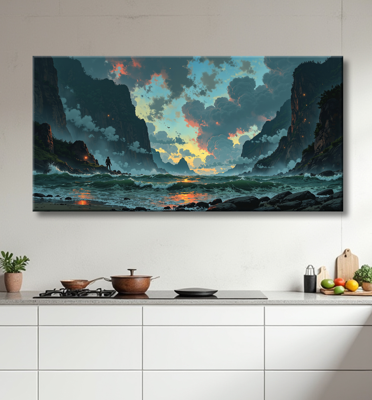 Tableau personnage face à la mer et aux montagnes avec decor
