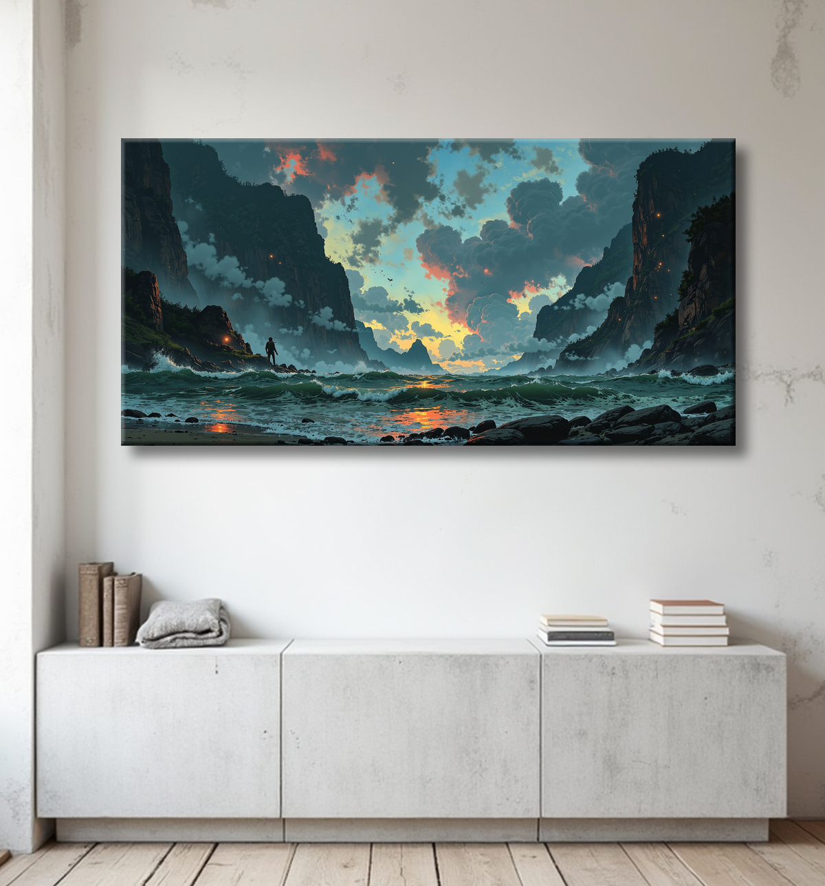Tableau personnage face à la mer et aux montagnes avec decor